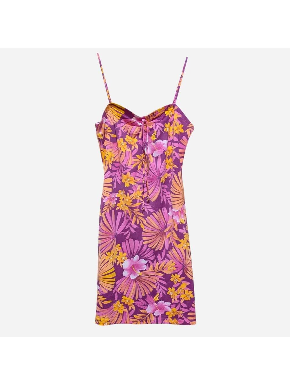 Y2K Tokyo Fashion Tropical Floral Spaghetti Strap Mini Dress Lace-Up Front Sz M